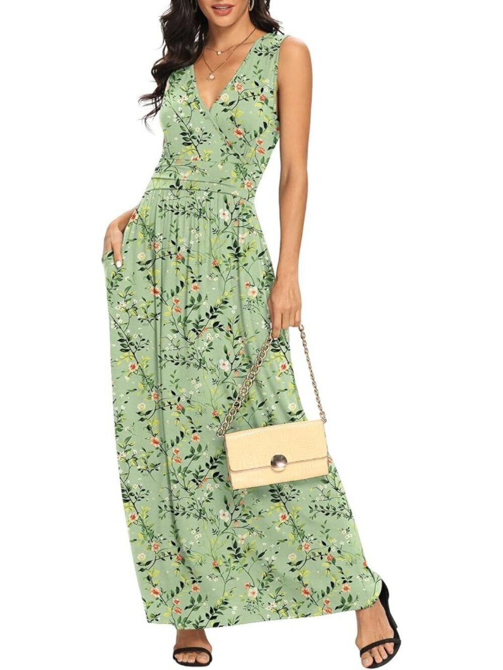 Lilbetter Women's Ju Bai Green Sleeveless Deep Loose Plain Maxi Casual Dress